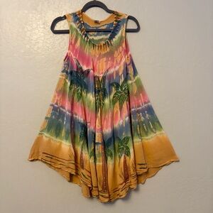 Women's tie dye embroidered palm tree sleeveless dress rayon free one size